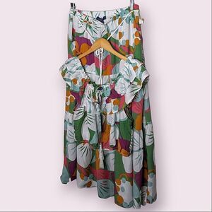 RACHEL 2 PC Crop Top Tiered Maxi Skirt Set Tropical Print size M
